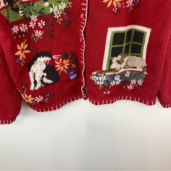 Vintage Knit Red Cat Sweater Size Large Button Front Cardigan - Picture 9 of 16